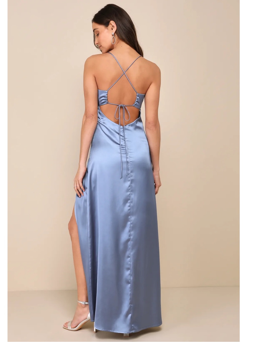 Lulus Stunning Example Slate Blue Satin Backless Maxi Dress Large NWT - Picture 1 of 14
